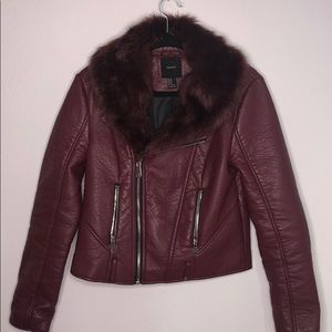 Maroon VEGAN leather and fur motorcycle jacket